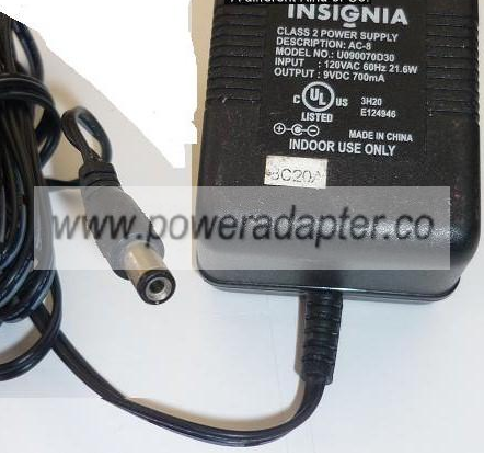 INSIGNIA U090070D30 AC ADAPTER 9VDC 700mA USED +(-)+ 2x5.5mm ROU